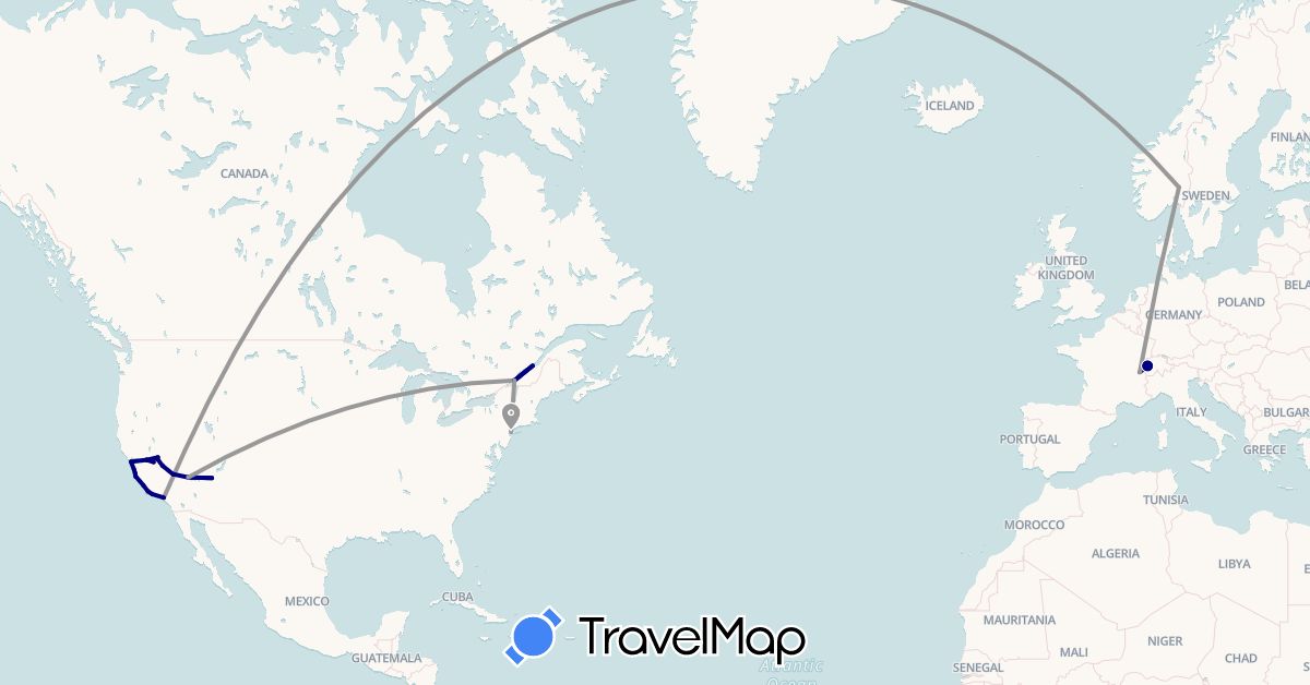 TravelMap itinerary: driving, plane, hiking in Canada, Switzerland, Norway, United States (Europe, North America)